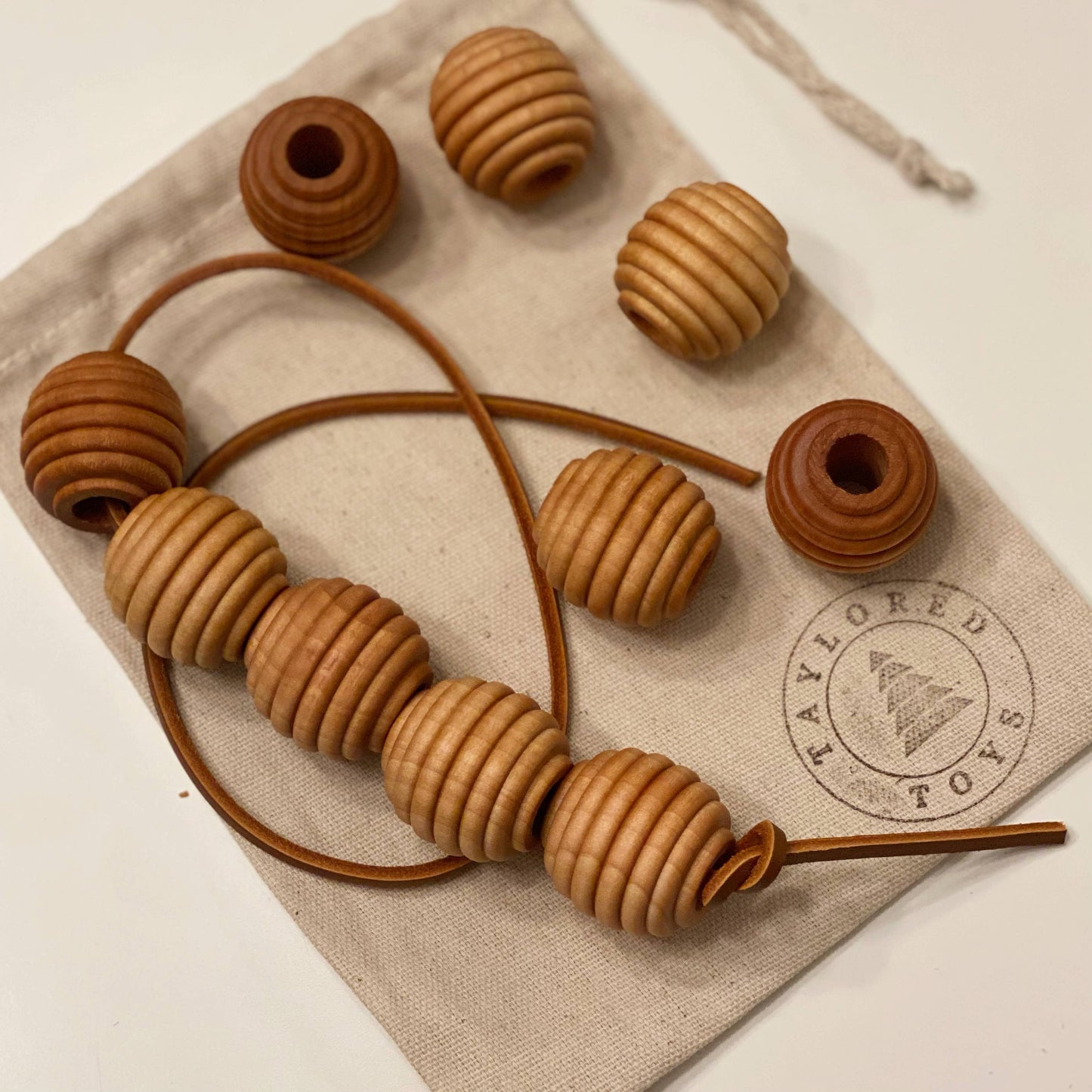 Montessori Wood Lacing Beads with Leather Cord