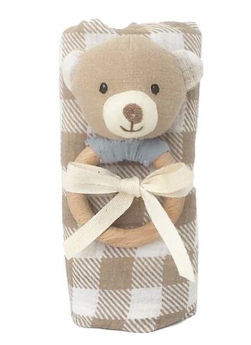 Gingham Muslin And Bear Wood Rattle Gift Set