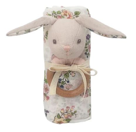 Floral Muslin And Bunny Wood Rattle Gift Set