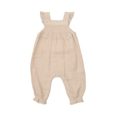Soft Linen Tan Smocked Coverall